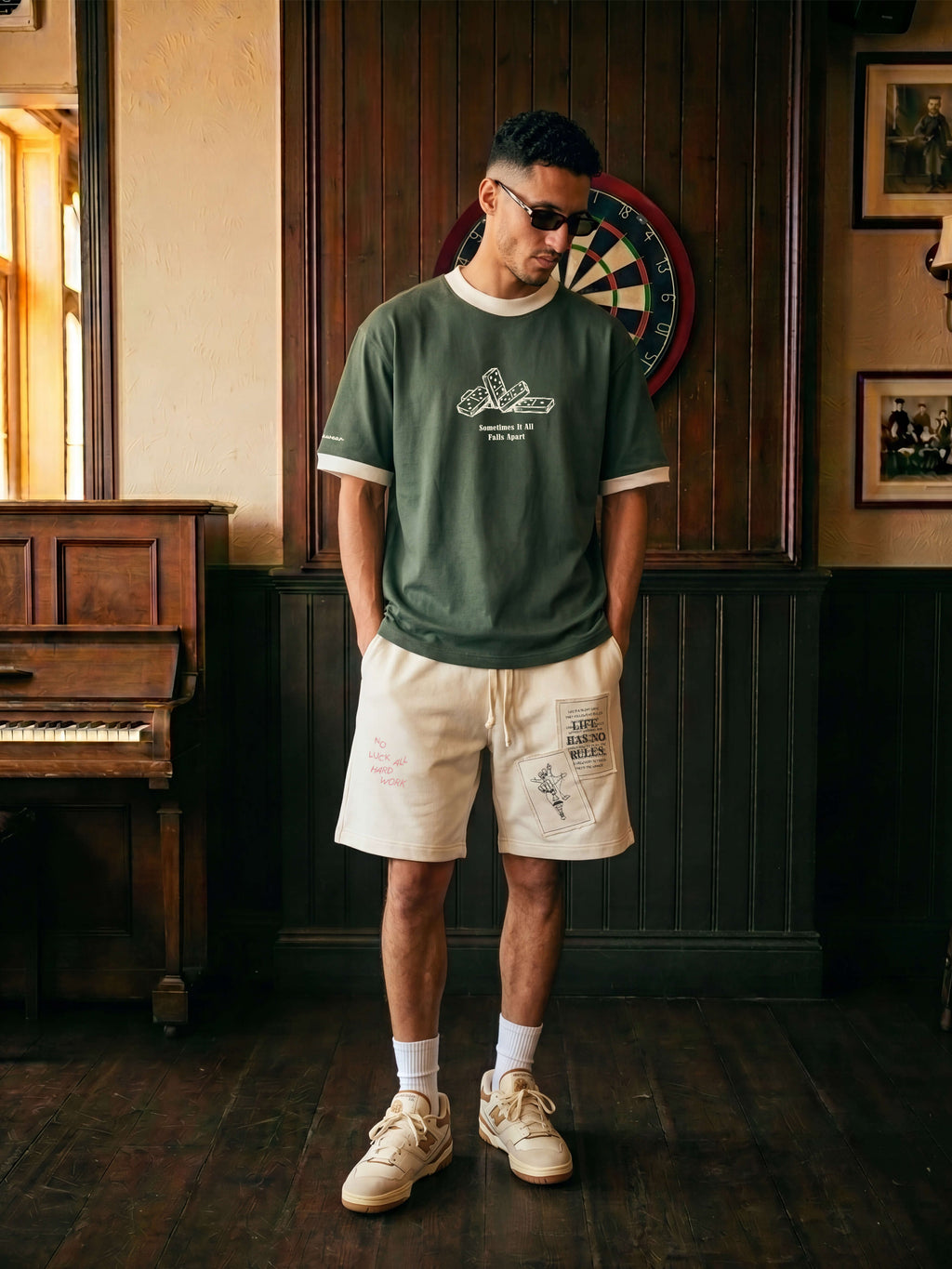 Falling Apart Ringer Tee - Forest Green