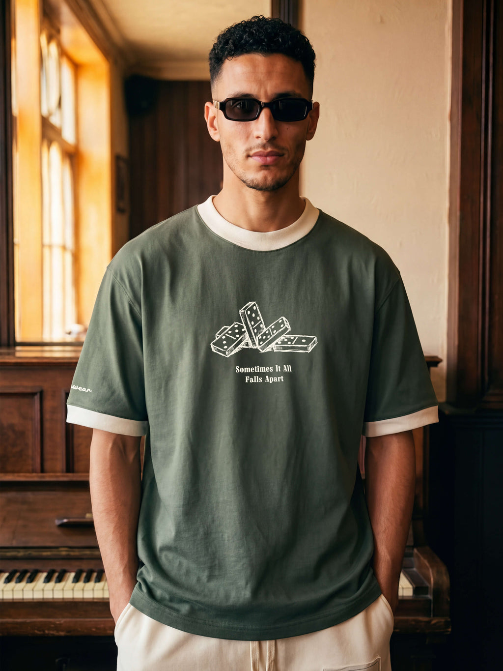 Falling Apart Ringer Tee - Forest Green
