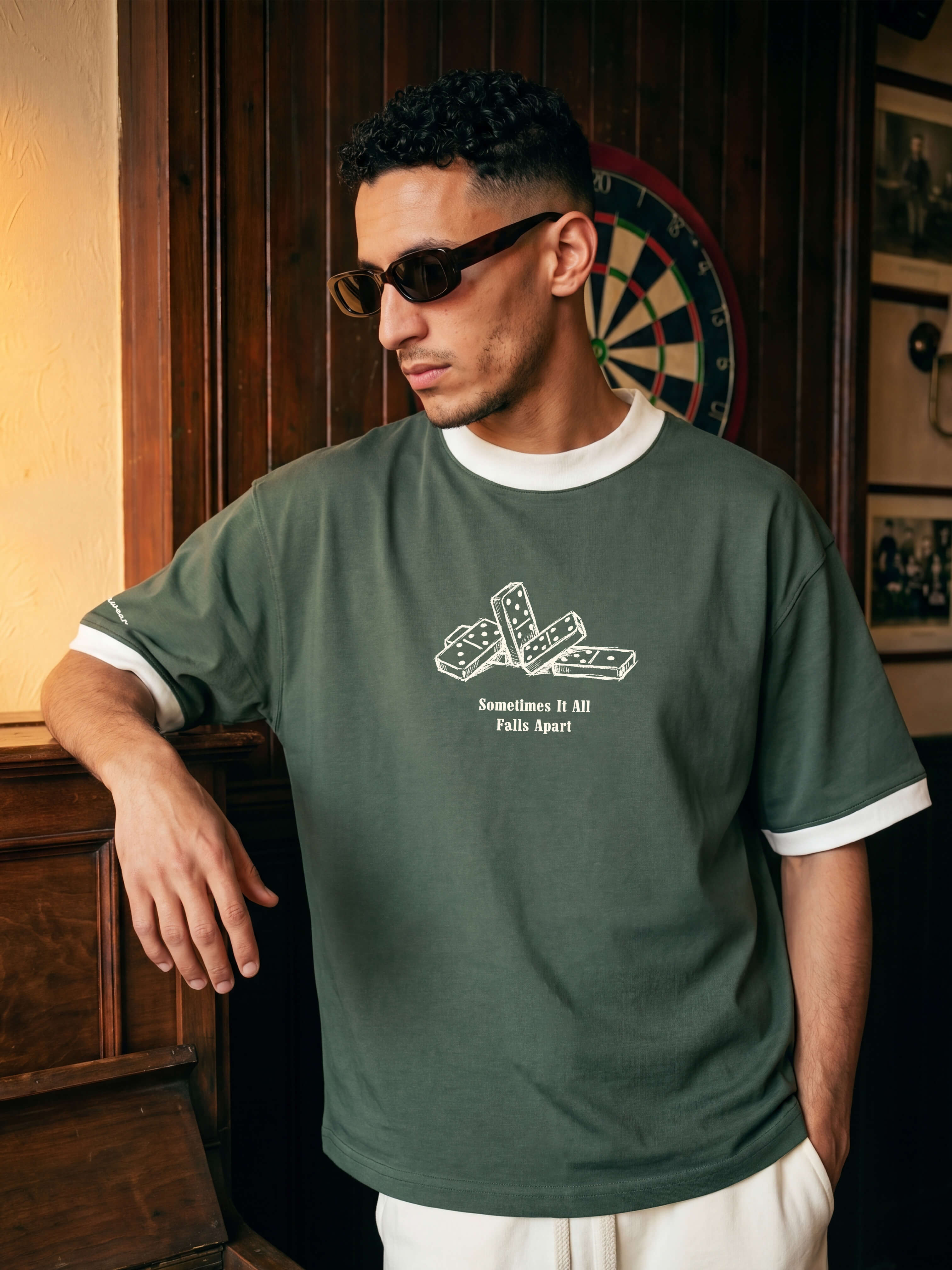 Falling Apart Ringer Tee - Forest Green